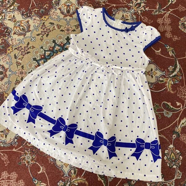 【110センチ】リボン 水玉 ワンピース レトロ 古着 ビンテージ風 子供服 まとめ まとめ割あり