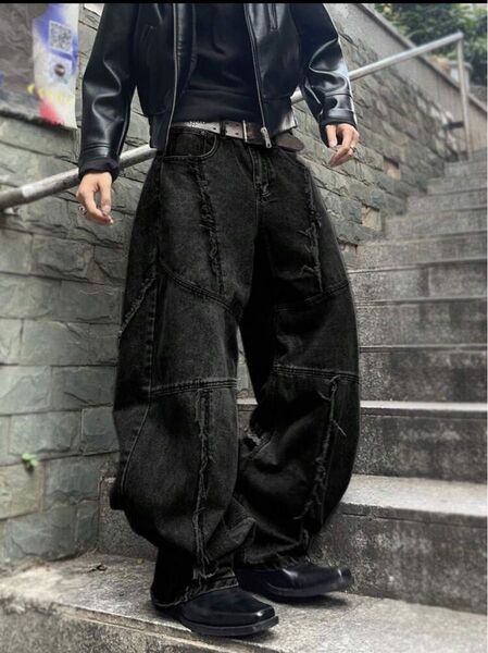 黒 パンツ デニム バギーデニム メンズ y2k Jaded london 地底人opium似 ワイドデニムバギージーンズ
