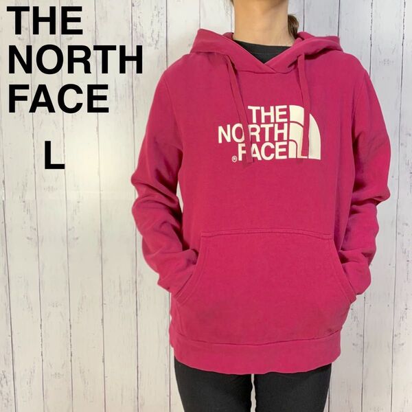 ノースフェイス ビッグロゴ プルオーバーパーカー レディース 赤系 スウェット THE NORTH FACE 裏起毛 古着