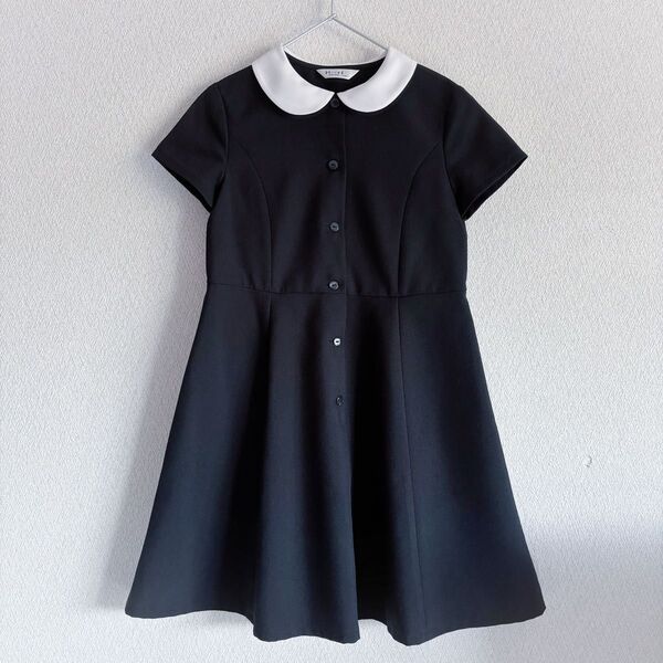 美品 PLUS ONE プラスワン フォ-マル 半袖 ワンピース 襟付きワンピース ブラック 冠婚葬祭 130cm