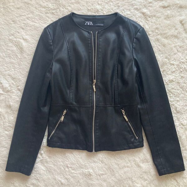 ZARA 黒 レザージャケット ライダース ノーカラー ブラック S ジップアップ