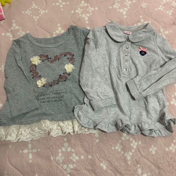 女の子 長袖トップス 2枚セット 90サイズ ハート柄 リボン柄 グレー