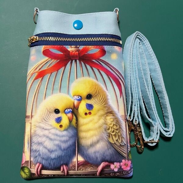 ハンドメイド インコ柄パネル使用スマホショルダーバッグ サコッシュ ポシェット 散歩にも