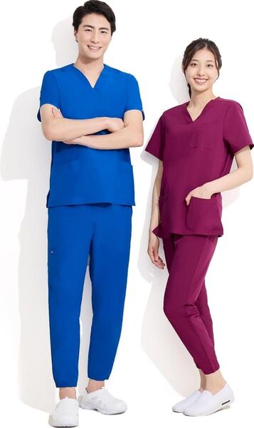 【新品】スクラブ&パンツセット Vネック 9分丈 男女兼用 ジョガー ストレッチ 速乾機能 白衣 医療 介護 XL シエルブルー