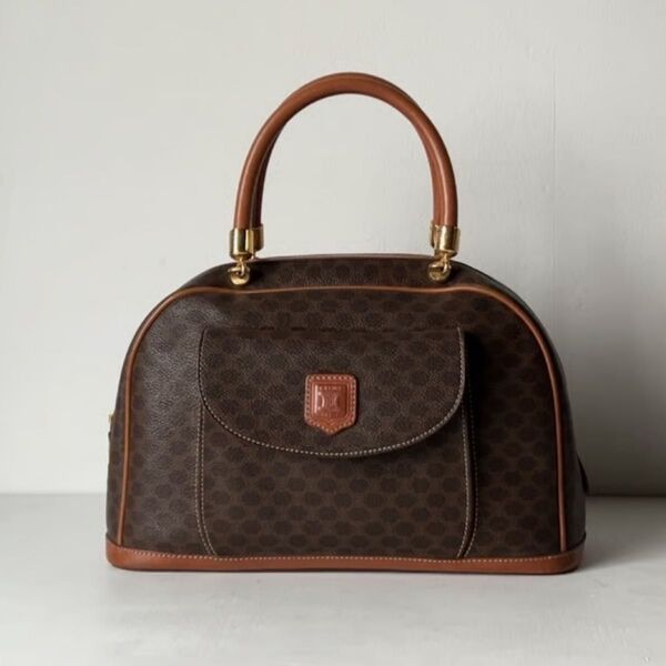 美品 CELINE セリーヌ ハンドバッグ マカダム柄 ブラウン レザー ゴールド金具 マカダム ボストンバック フロントポケット
