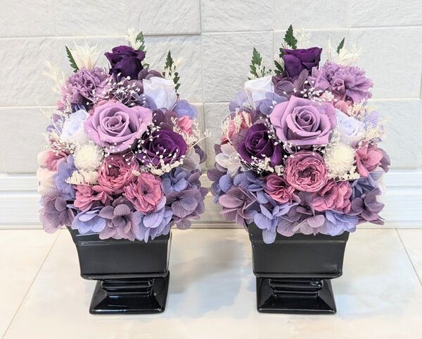 プリザーブドフラワーアレンジメント パープル 一対 クリアケース付き お供え 仏花