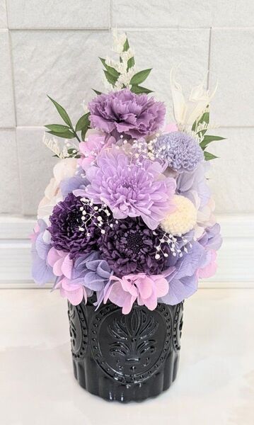 プリザーブドフラワーアレンジメント パープル クリアケース付き お供え 仏花