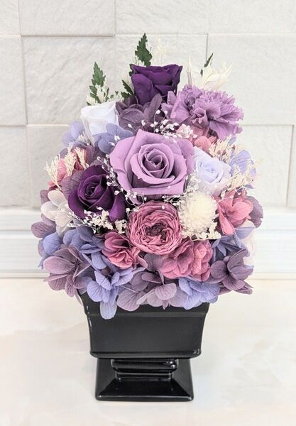 プリザーブドフラワーアレンジメント パープル クリアケース付き お供え 仏花
