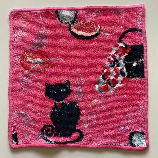 USED 美品 FEILERフェイラー タオルハンカチ 黒猫 コスメ ピンク