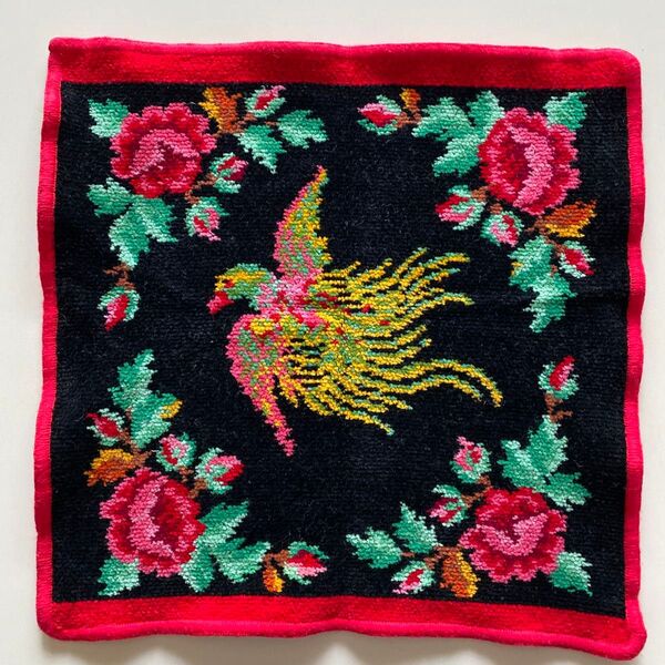 USED美品 FEILERフェイラー 大判タオルハンカチ 鳳凰 花柄 ブラック 縁レッド 値下げ交渉不可