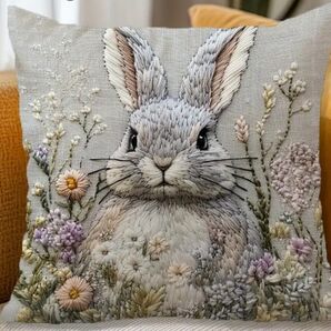 18時までの限定価格!ウサギと草花 刺繍風プリント☆クッションカバー 1枚
