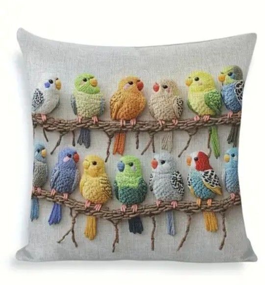 インコモチーフ 刺繍風 クッションカバー1枚 両面プリント☆ 鳥の雑貨
