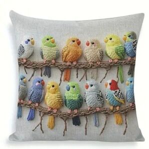 インコモチーフ 刺繍風 クッションカバー1枚 両面プリント☆ 鳥の雑貨