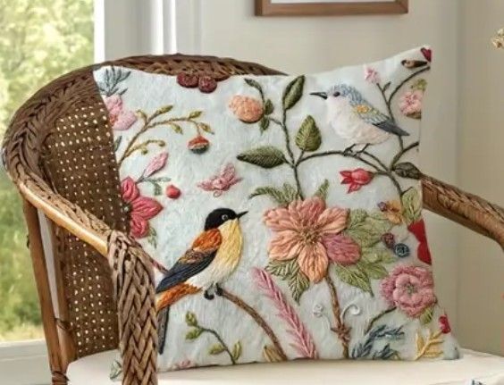 鳥と花の刺繍風プリント ☆クッションカバー1枚 鳥雑貨