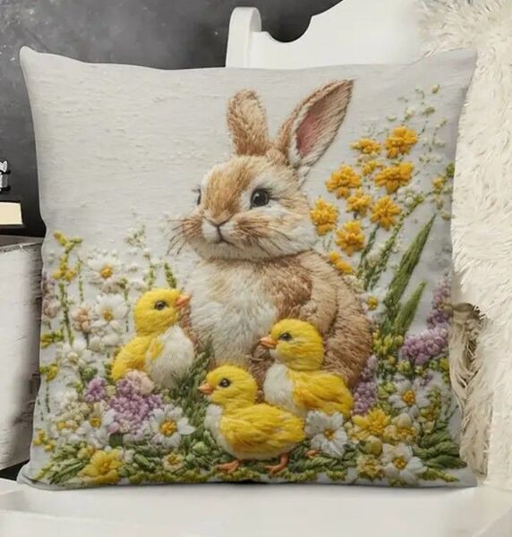 18時までの限定価格!うさぎとひよこ 花柄 草花☆刺繍風クッションカバー1枚