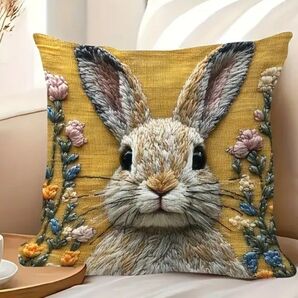 ウサギとお花 刺繍風プリント クッションカバー 1枚☆45×45cm