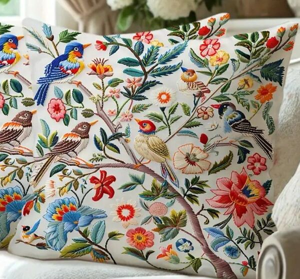24時までの限定価格!鳥と花の刺繍風プリント ☆クッションカバー1枚