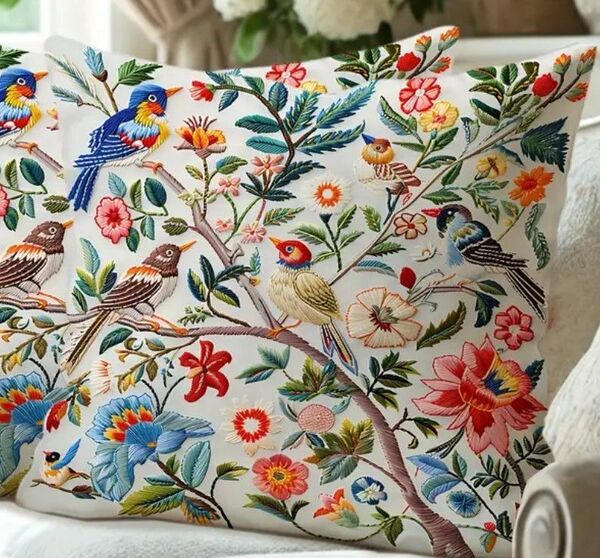 鳥と花柄 刺繍風プリント ☆ クッションカバー1枚