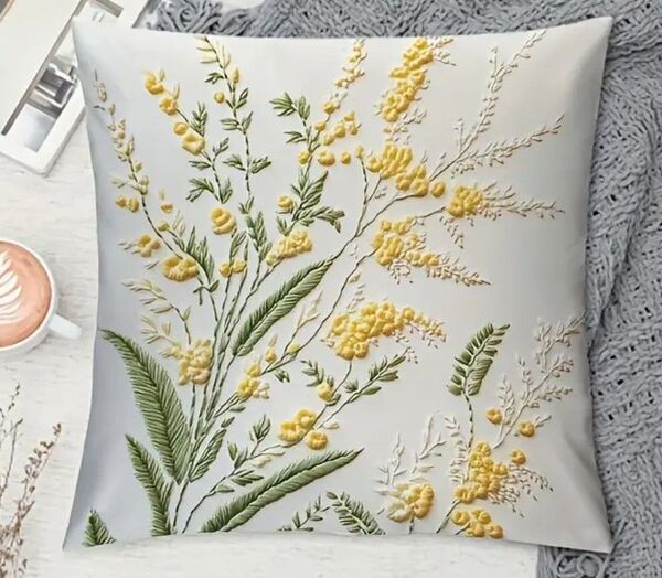 ミモザ 花柄 刺繍風プリント☆クッションカバー1枚 45×45cm