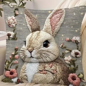 ウサギ とお花 刺繍風プリント クッションカバー1枚☆うさぎグッズ