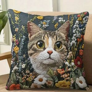 猫と花柄の刺繍風プリント☆クッションカバー1枚 猫雑貨
