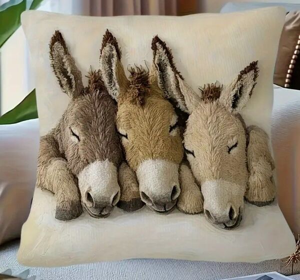 お昼寝ロバ刺繍風プリント ☆クッションカバー1枚 45×45cm