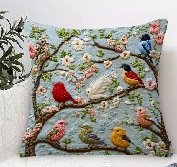 鳥と花柄 刺繍風プリント ☆クッションカバー1枚 鳥雑貨