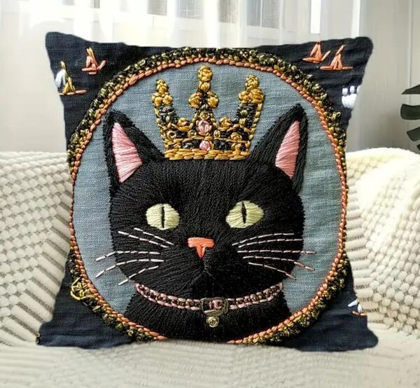 黒猫と王冠の刺繍風プリント クッションカバー1枚 ☆45×45cm 猫雑貨