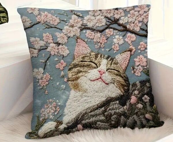 桜と猫の刺繍風プリント ☆クッションカバー1枚 45×45cm 猫雑貨