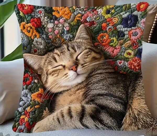 ボヘミアン 猫と花柄 刺繍風プリント☆ クッションカバー 1枚 両面プリント