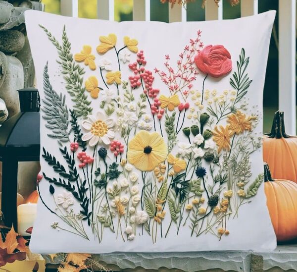 花柄プリント クッションカバー1枚☆ 刺繍風