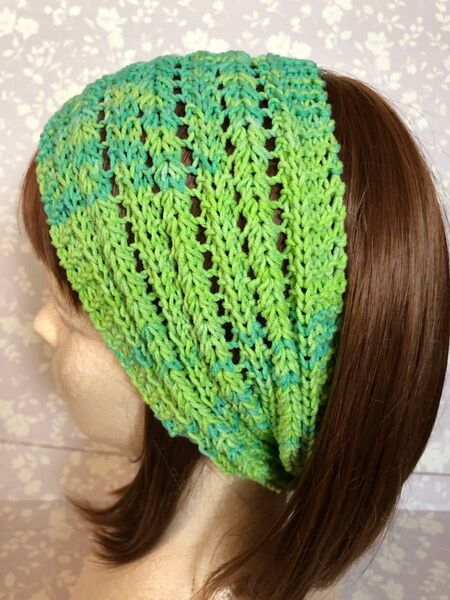 透かし模様のターバン風ヘアバンド サマーニット おしゃれターバン 個性的カラフル コットン混 洗顔 透かし編み ハンドメイド