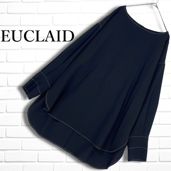 ◆美品◆ EUCLAID エウクレイド ゆったり♪ ストレッチ 長袖 後ろボタン シャツ ブラウス 黒 ブラック レディース 38 ~ 40 0095E□