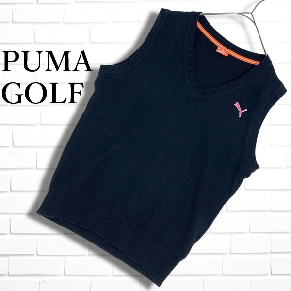 ◆美品◆ PUMA GOLF プーマ ゴルフ ロゴ 刺繍 ニット ベスト ゴルフ ウェア 黒 ブラック レディース L ◆日本製 送料無料◆ 5245D◇