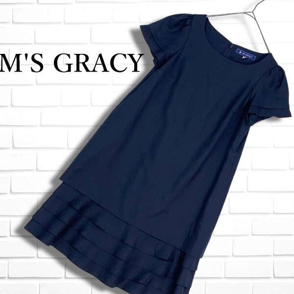 ◆美品◆ M'S GRACY エムズグレイシー 半袖 ワンピース 紺 ネイビー レディース 36 ◆日本製 送料無料◆ 5195D◎