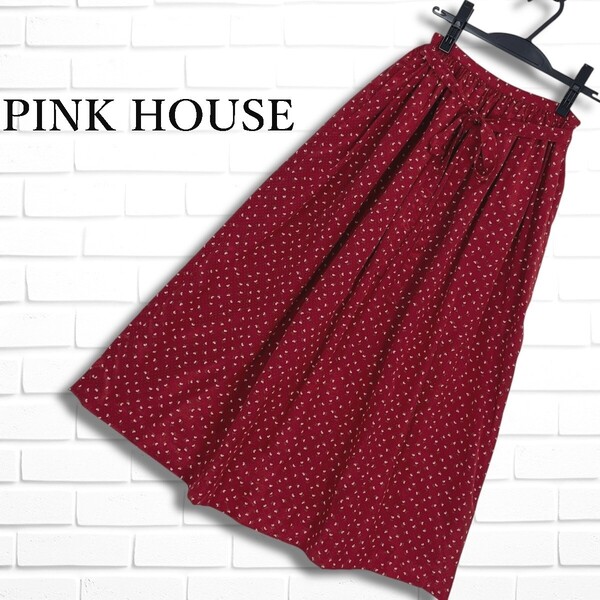 ◆良品◆ PINK HOUSE ピンクハウス 花柄 フラワー 総柄 ロング スカート 赤 レッド レディース XS相当 ◆送料無料◆ 0625E□