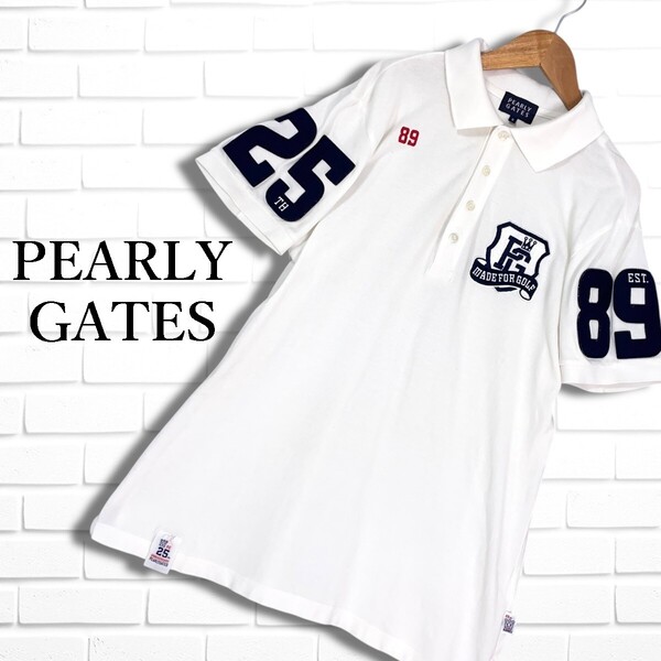 ◆良品◆ PEARLY GATES パーリーゲイツ ゴルフ ウェア ロゴ 刺繍 ワッペン 半袖 ポロシャツ 白 ホワイト メンズ 5 日本製 送料無料 0455E◎