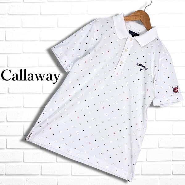 ◆良品◆ Callaway キャロウェイ ゴルフ ウェア ストレッチ ロゴ 刺繍 ドット 半袖 ポロシャツ 白 ホワイト メンズ L ◆送料無料◆ 0445E◎