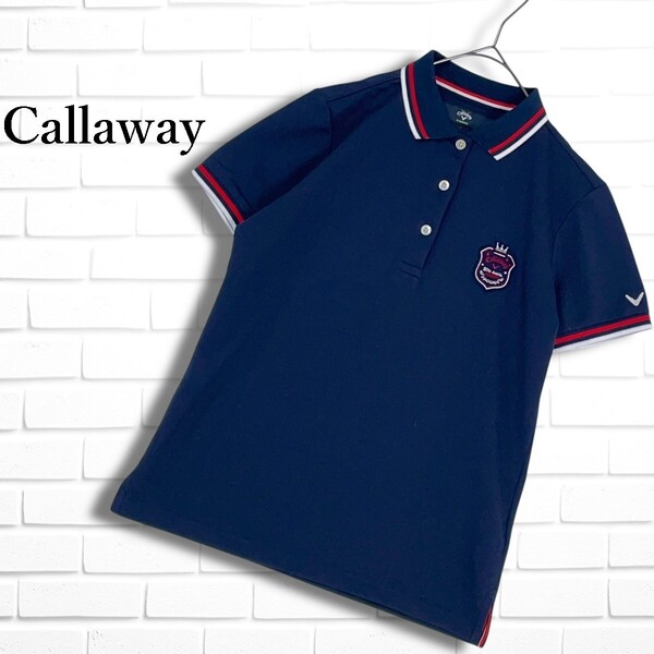 ◆美品◆ Callaway キャロウェイ ゴルフ ウェア ロゴ ワッペン ストレッチ 半袖 ポロシャツ 紺 ネイビー レディース M ◆送料無料 1105E◎