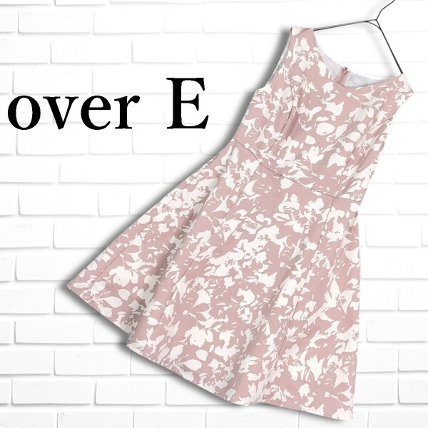 ◆美品◆ over E オーバーイー 総柄 ノースリーブ ワンピース 白 ホワイト ピンク レディース 96 ◆日本製 送料無料◆ 1635E◎