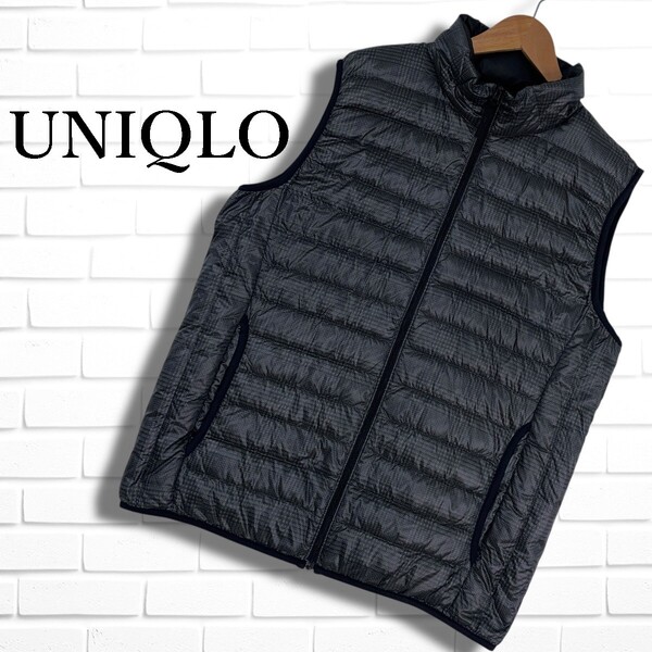 ◆美品◆ UNIQLO ユニクロ グレンチェック ウルトラ ライト ダウン ベスト 黒 ブラック × グレー メンズ XL LL ◆大きいサイズ◆ 1505E◇