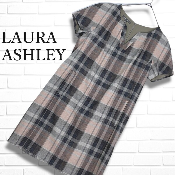 ◆美品◆ LAURA ASHLEY ローラアシュレイ ウール ブレンド ストレッチ 半袖 チェック ワンピース レディース 40 ◆送料無料◆ 2785E□