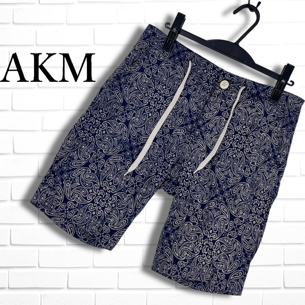 ◆良品◆ AKM エイケイエム ペイズリー 総柄 ストレッチ ショート パンツ 紺 ネイビー メンズ M ◆日本製 送料無料◆ 3165E◎