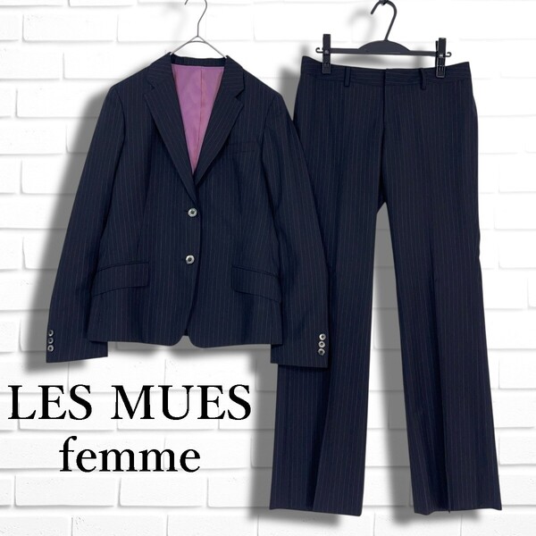 ◆良品◆ LES MUES femme レミュー ストライプ セットアップ パンツ スーツ 黒 ブラック レディース XL相当 ◆大きいサイズ 通勤◆ 3475E□