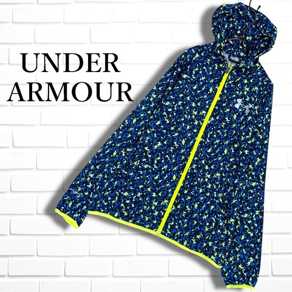 ◆美品◆ UNDER ARMOUR アンダーアーマー 総柄 ロゴ プリント ジップアップ パーカー ブルゾン 青 黄色 レディース MD ◆送料無料 3385E□
