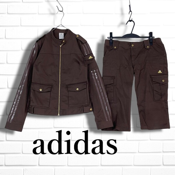 ◆良品◆ adidas アディダス ロゴ ストレッチ セットアップ ジャケット × ハーフパンツ 茶 ブラウン レディース M/L ◆送料無料◆ 3315E□