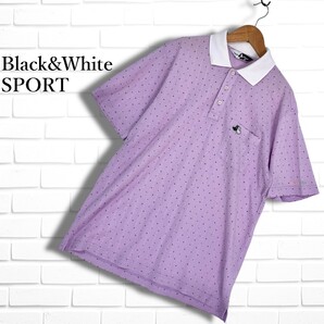 ◆良品◆ Black&White SPORT ブラック&ホワイト 犬 刺繍 ドット ストレッチ 半袖 ポロシャツ ゴルフ ウェア 紫 メンズ M 3425E◎
