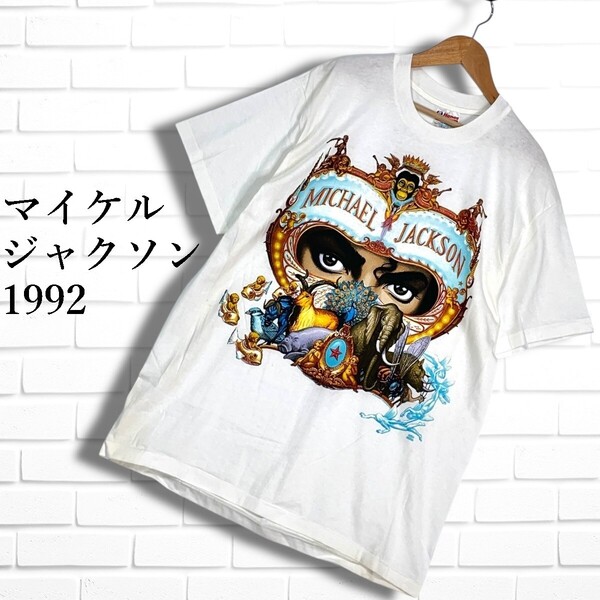 希少◆ Michael Jackson マイケルジャクソン 1992 DANGEROUS WORLD TOUR ワールド ツアー Tシャツ 半袖 白 L ◆アメリカ製 Vintage 3625E◎