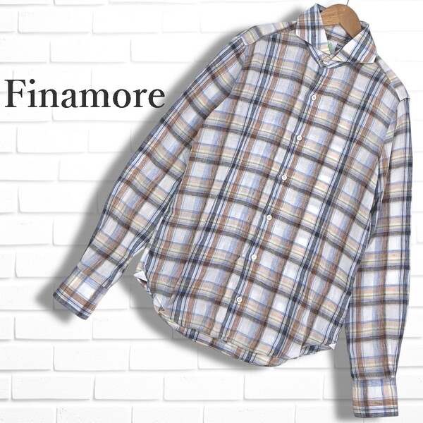 ◆美品◆ Finamore フィナモレ リネン 麻 100% ホリゾンタルカラー 長袖 チェック シャツ メンズ 白 15 1/2 - 39 ◆イタリア製◆ 3615E◎
