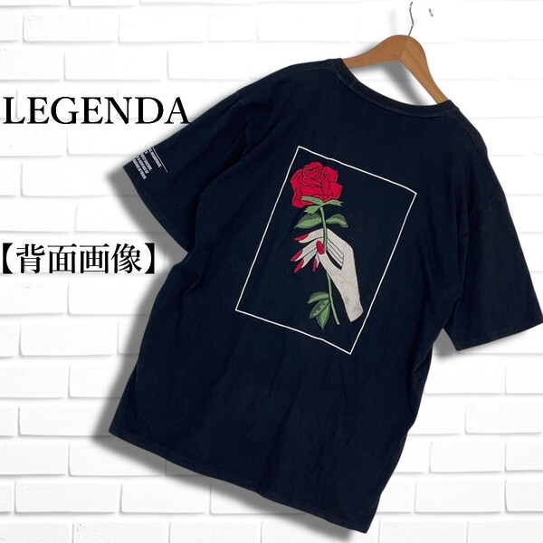 ◆良品◆ LEGENDA レジェンダ ローズ 薔薇 刺繍 半袖 Tシャツ カットソー トップス 黒 ブラック メンズ L ◆送料無料◆ 3965E◎
